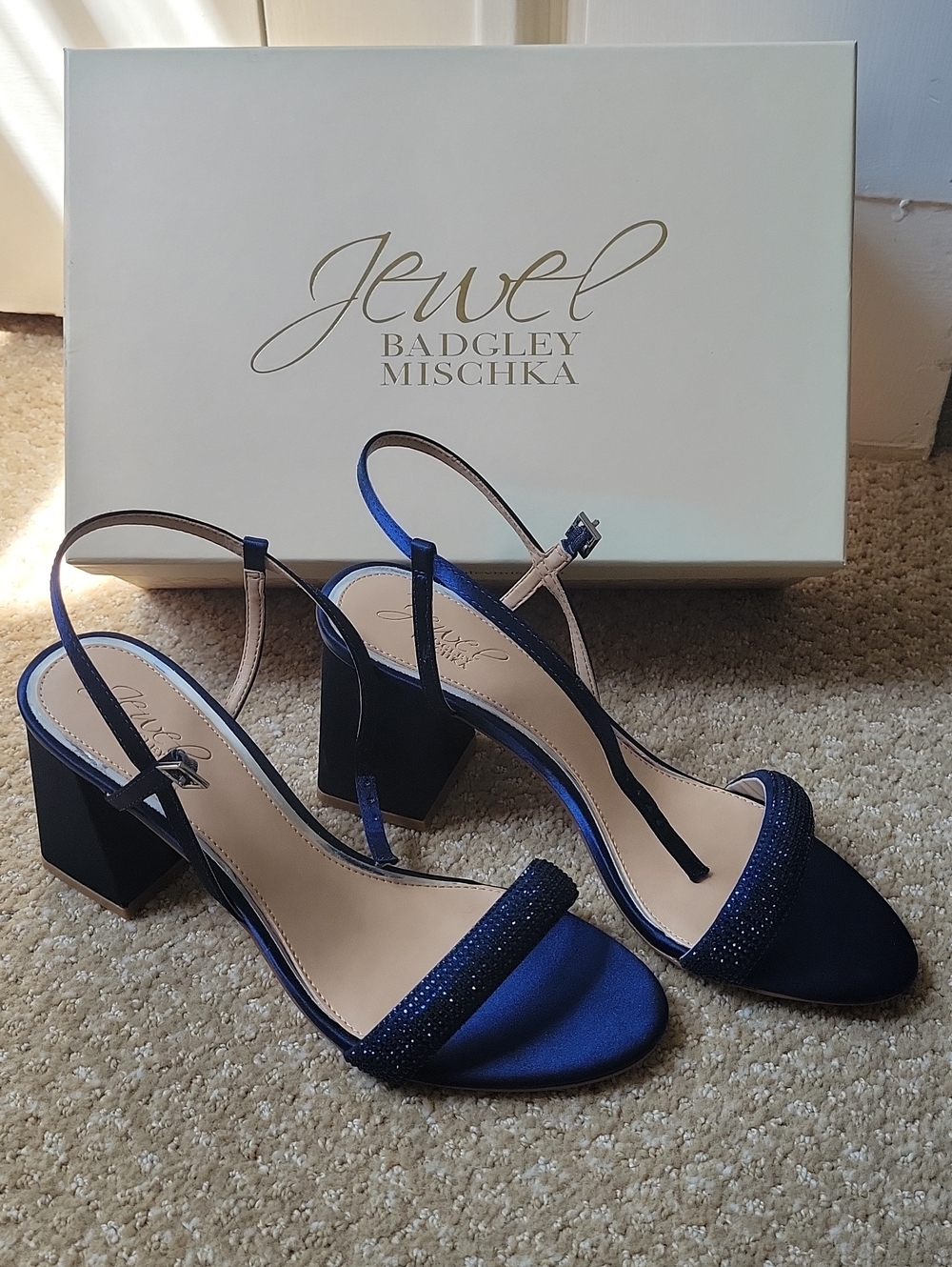 Jewel Badgley Mischka Navy Satin Crystal-Trim Block Heel Sandals